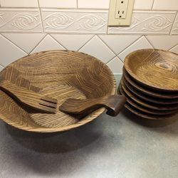 6 Bowl Rustic Oak Heirloom Quality Wooden Salad Set Of 9