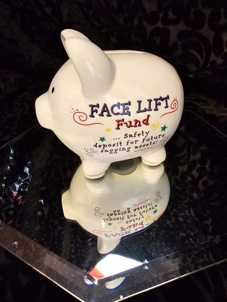 $15.00 - PIGGY BANK, Whimsical & Dainty "Face Lift Funds" Savings! Ceramic/Like New!