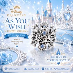 Sterling Silver As You Wish Disney Princess Crown double sided charm on card