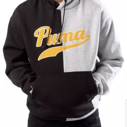 PUMA TEAM COLOUR BLOCK  LIMITED EDITION MEN'S THICK HEAVYWEIGHT HOODIE SWEATER SIZE MEDIUM  HEATHER GRAY BLACK PUMA GOLD LOGO BRAND NEW WITH TAGS.