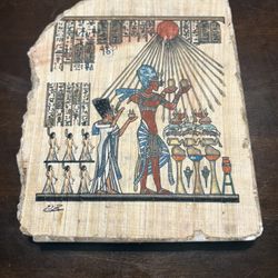 Egyptian Hand Painted Art On Papyrus Overlayed On Slab Of Quartz Crystal Stone
