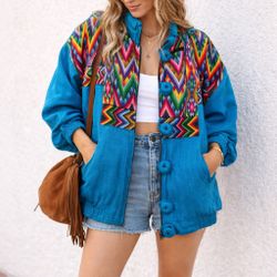 Vintage 90’s Bomber Jacket Coat Top Oversized Retro Geometric Festival Beachy Boho Statement Piece M Cotton Cozy Comfy Collectible  