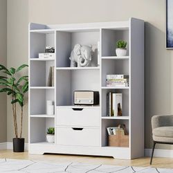 Cozy Castle White Bookshelf — 4-Tier Organizer with Drawers and Cube Shelves