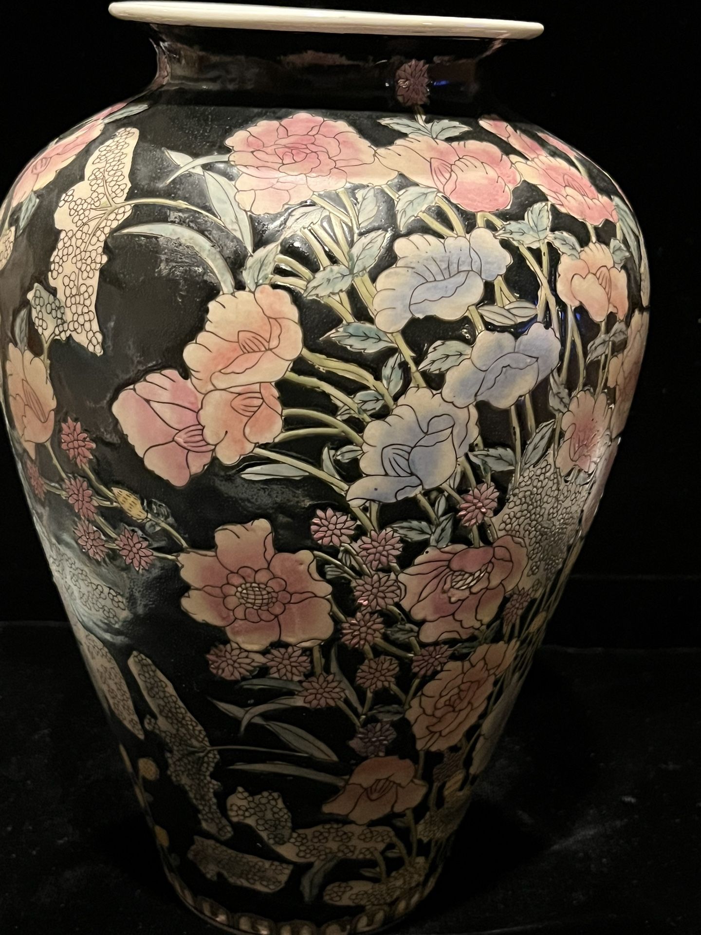 Reduced - Half Off .! Vintage Black & Floral Japanese Vase , Mashima Style Japanese  Painted Vase 