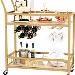 Kitchen Cart Gold & Natural Wood New Fully Assembled 