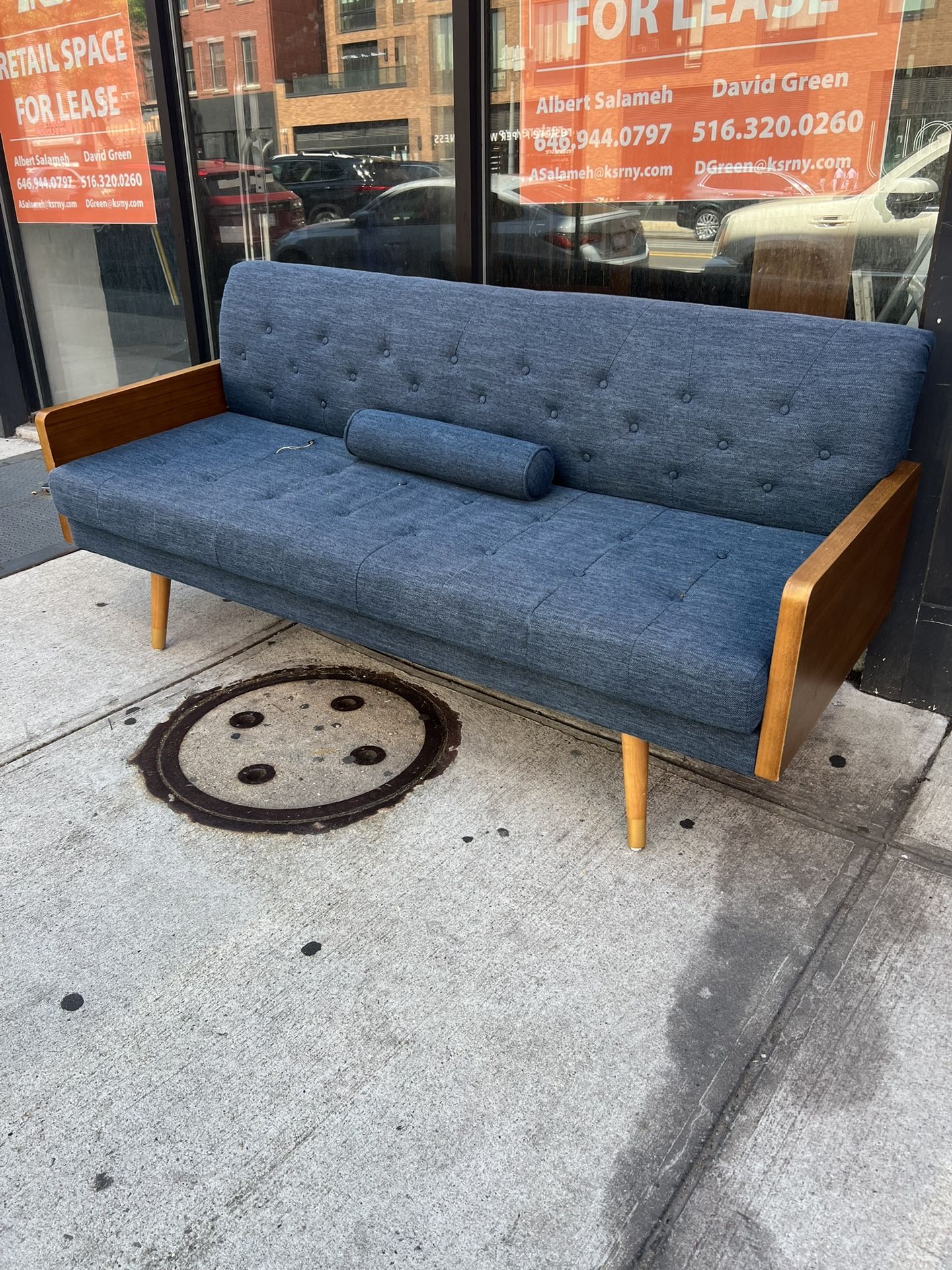 Modern Navy Blue Denim And Wood Couch