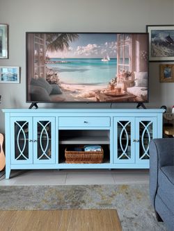 Coastal Blue TV Stand, 80.5” Media Console, Glass Doors