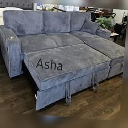 Dark Gray Corduroy Sectional Pull Out Sofa