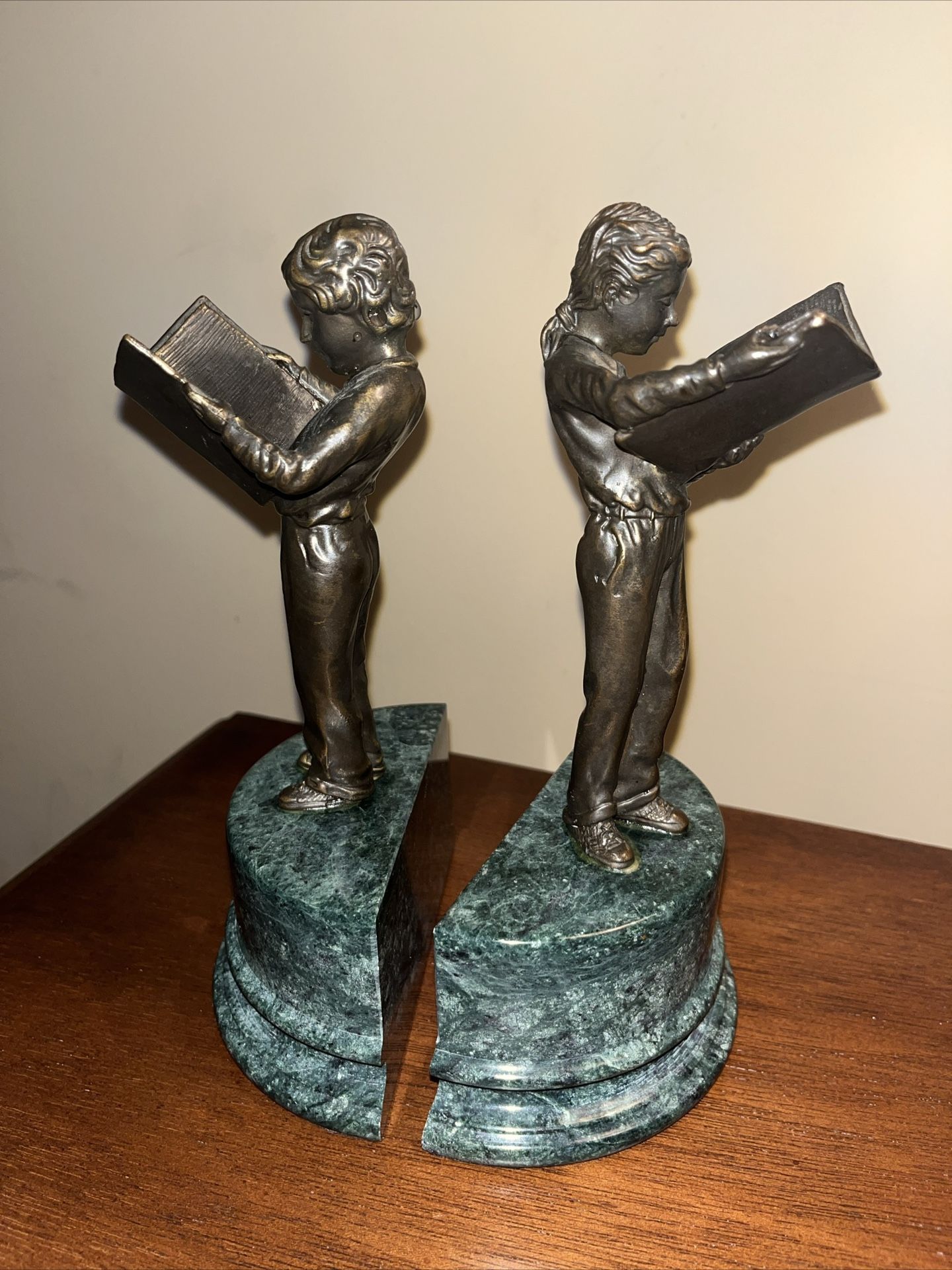 Vintage Brass and Marble Boy And Girl Reading Bookends