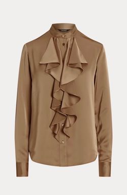 Lauren Ralph Lauren Women's XL Ruffle-Trim Satin Charmeuse Shirt