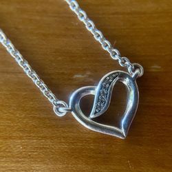 Pandora 925 Sterling Silver and CZ Ribbons of Love Open Heart Necklace