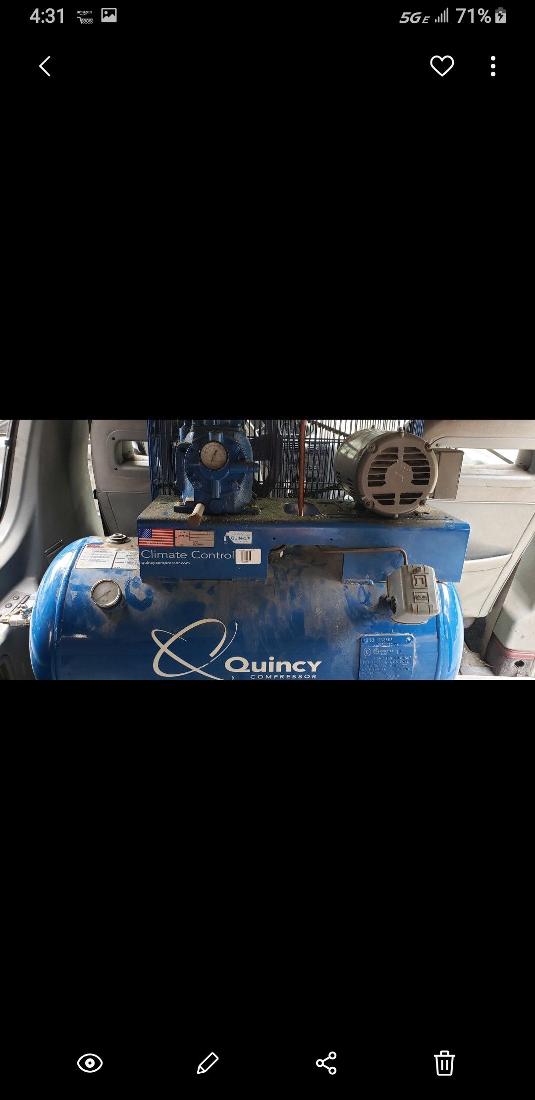 Quincy Air Compressor, 50 gallon compressor with air conditioning unit and water traps. Can be wired for 110 or 220. Retails for $2,000 new.