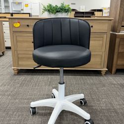 Small Desk Chair, PU Leather Vanity and Work Stool with Backrest, Height-Adjustable Swivel Seat, Round Rolling Base, Perfect for Home Offic