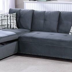 Brand New 90" x 61" grey velvet sectional sofa set pull out sleep area with reversible pop up storage chaise