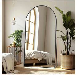 Espejo de longitud completa con arco de 76 x 34 pulgadas, color negro Tempered Oversized Mirror Full Body with Aluminum Alloy Frame; Standing, Leaning