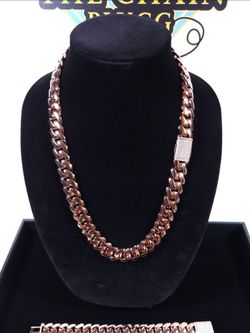 Rose Gold Chain w Matching Bracelet Gold Plated Iced Out Custom Clasp *Premium Quality* Pieces* 16mm