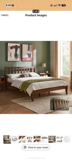 mopio Ted Bed Frame with Headboard, Mid Century Modern Acacia Solid Wood Platform Queen  size