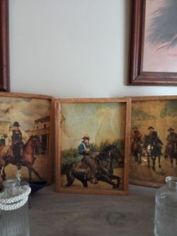Vintage Western Cowboy Framed Art Prints Set of 3