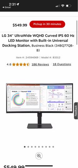 LG 34 UltraWide WQHD Curved IPS 60 Hz LED Monitor with Builtin Universal Docking Station