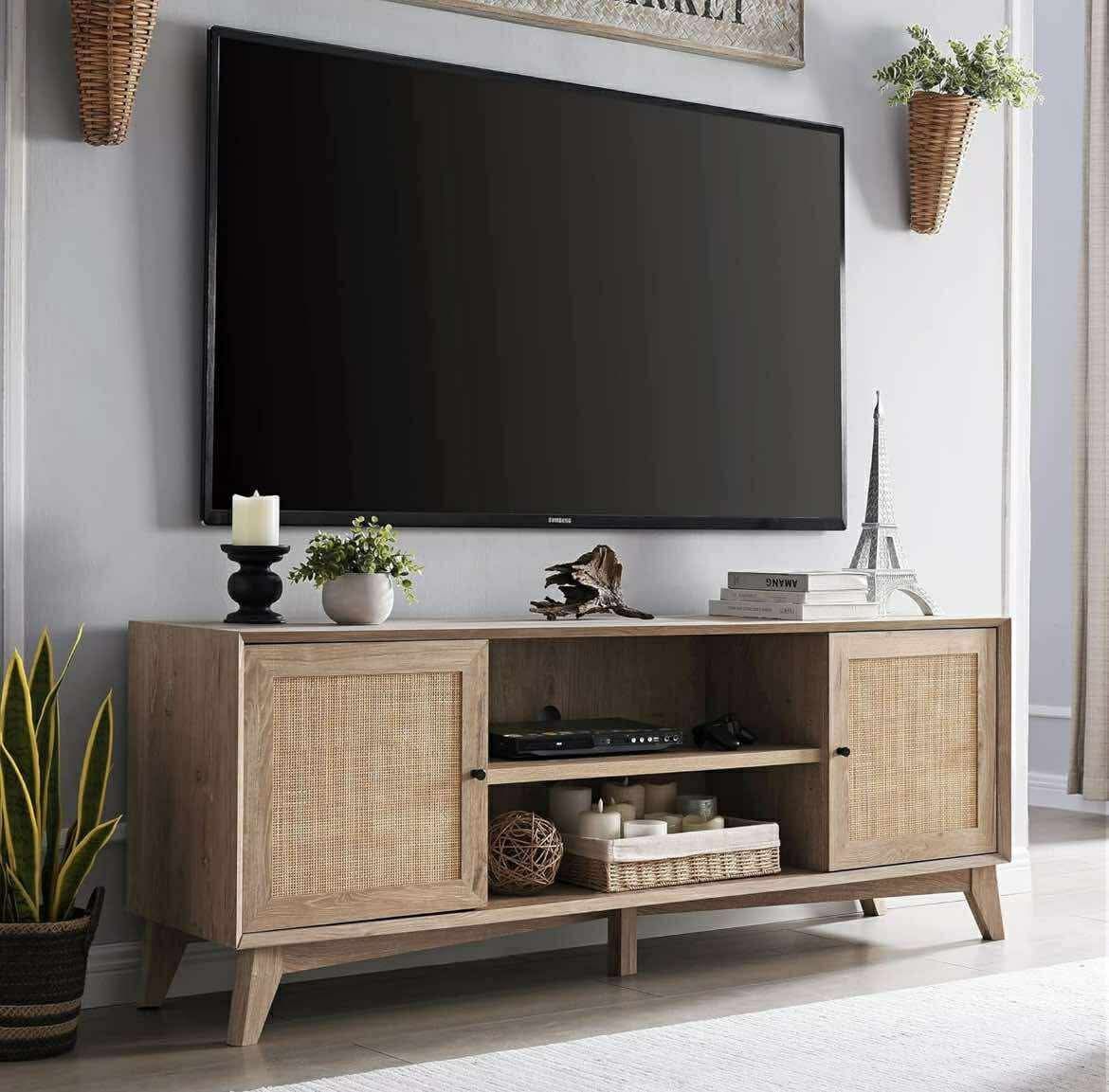 NEW - Rattan TV Console Table for 75 Inch TV, Mid Century Modern Long Entertainment Center with Storage Shelves, Large Boho Media Console TV Stand for