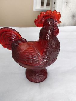 Red Glass Rooster Figurine Candy Dish