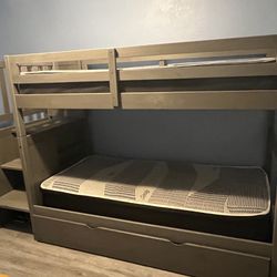 Used Badcock Grey Wood Kids Twin Bunk Beds, Used Twin Mattresses, And 5-Drawer Chest