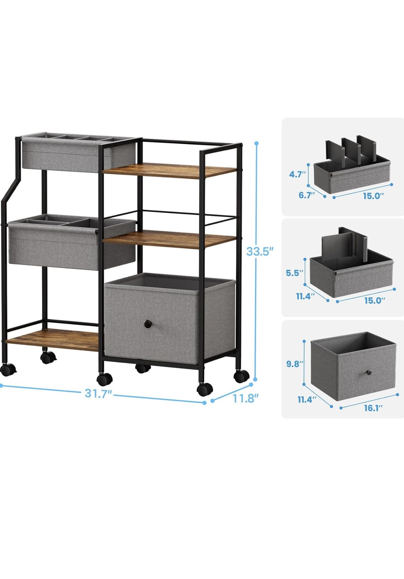 3 Tier Rolling Cart Organizer - Sturdy Wooden Book Shelves, Soft-Sided Fabric Bins, Mobile Storage Cart for Home, Office, Kitchen & Bedrooms