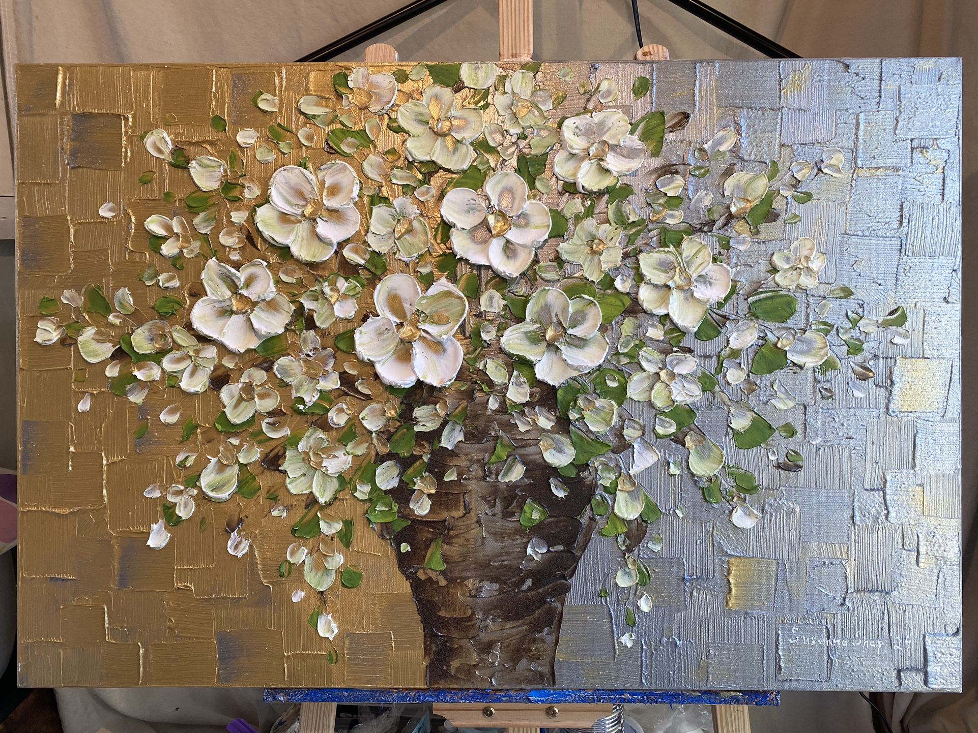 ORIGINAL painting Gold Silver White Flowers Brown Vase palette Knife Impasto textured By Susanna Shap