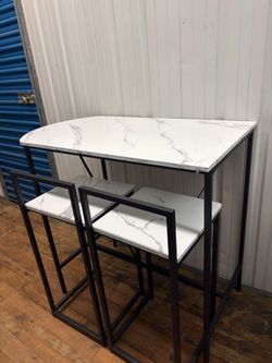 2 Bar Table and Stools - Set of 4 with Marble-Look Top