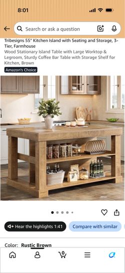 NEW Kitchen Island with Storage Shelves –Rustic Brown  Wood Finish (55”)