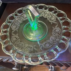 Antique Uranium Glass Dessert Appetizer Tray 