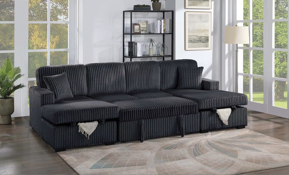 ✅️✅️3 pc Black color✅️ corduroy fabric sectional sofa with double storage chaise and pop up sleep area in center✅️✅️✅️