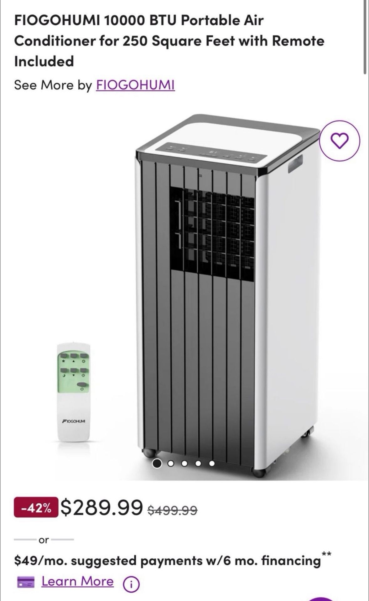 FIOGOHUMI 10000 BTU Portable Air Conditioner for 350 Square Feet with Remote Control