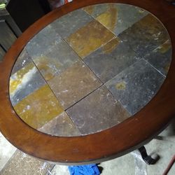 Wood stone glass top round dining room table four chairs