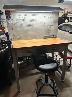 48” Garage Workbench with LED Light Bar, Pegboard, 2 Drawers, Storage, Power Strip, Vice and Stool
