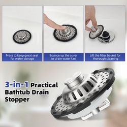 New Universal Bathtub Drain Stopper All Metal Top Hair Catcher, Brushed Nickel