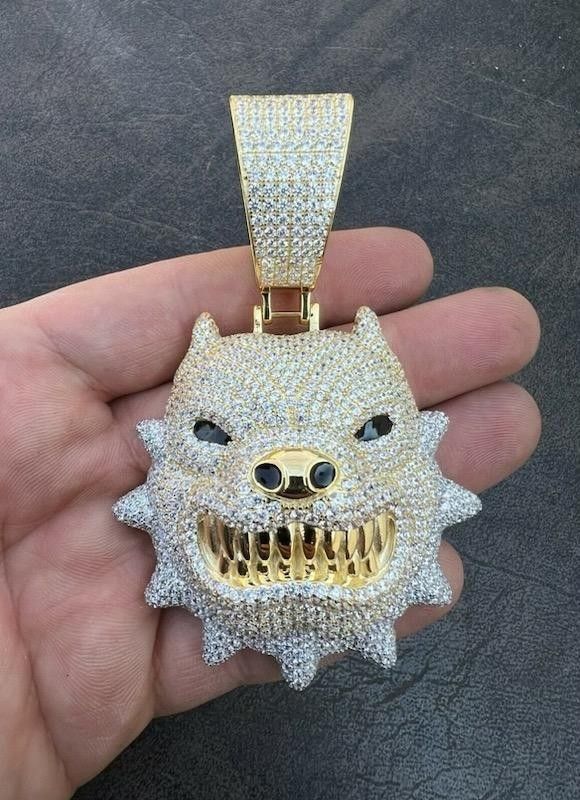 HUGE 3.5" 🔥🔥Angry Pitbull🔥🔥 Pendant 14k Gold Plated Super Iced Out w/Simulated Diamonds Hip Hop, Rapper🔥🔥