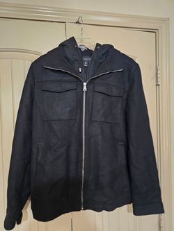 Black Wool-Blend Hooded Zip Jacket
