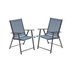  Patio Folding Chairs Set of 2, Outdoor Portable Sling Lawn Chairs for Camping Garden Pool Beach Yard, Dark Blue
