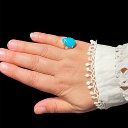 6 Carat Natural Persian Turquoise Teardrop Ring 925 Sterling Silver – Size 5.25