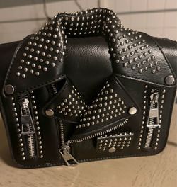 Studded Faux Leather Jacket Crossbody Bag Purse Black Adjustable Strap