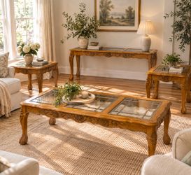 Vintage Ornate Carved Wood 4-Piece Living Room Table Set – Glass Inserts, Coffee Table, Console & End Tables