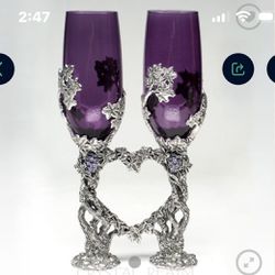 Amethyst Purple Crystal Vine Heart Champagne Flutes !