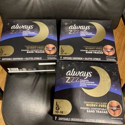 3 Always ZZZ Overnight Disposable Period Underwear Size L/G 10-18, 7 ea