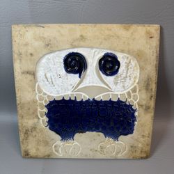 Early Bennington Potters Handmade Owl Trivet Wall Tile 7.75" Cobalt Blue VG