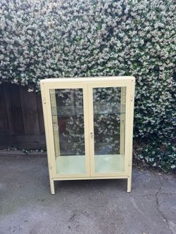 Vintage Yellow Metal & Glass Display Cabinet Curio Cabinet