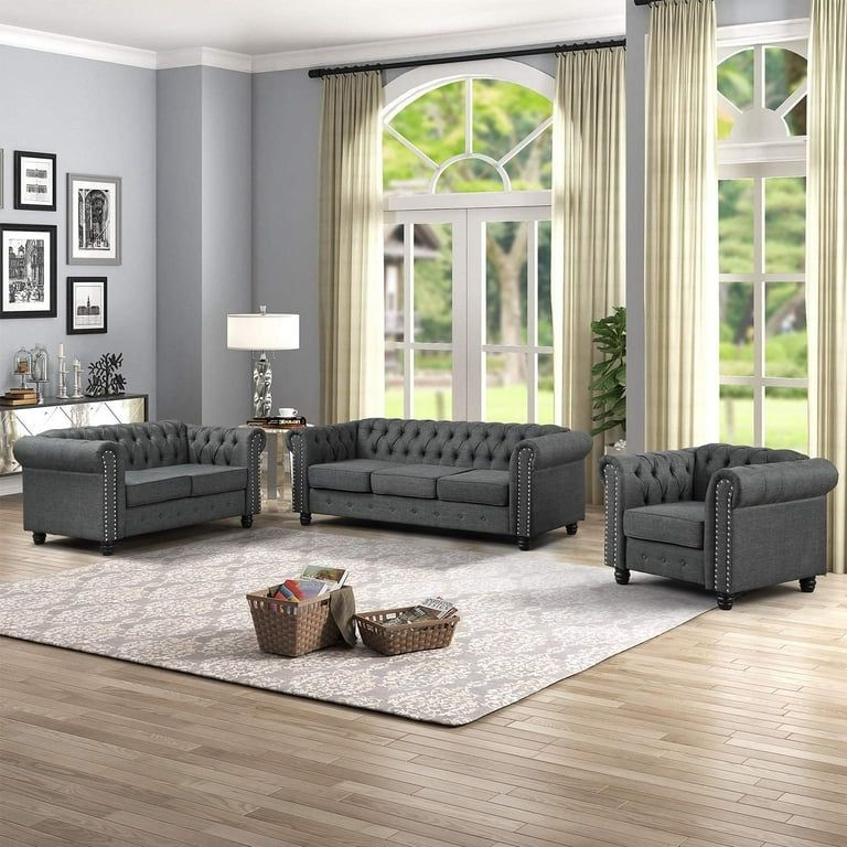 Fabric Sofa for Living Room Furniture Sets, Chair Loveseat and Sofa 3 Pieces Grey