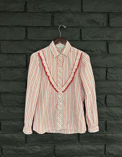Vintage Karman 70s/80s Western Red, White & Blue Striped Snap Ruffled Blouse with Eyelet Lace Trim
