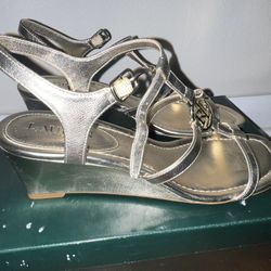 Lauren Ralph Lauren Elina Leather Wedge Sandals - Metallic Kidskin Side: 9B