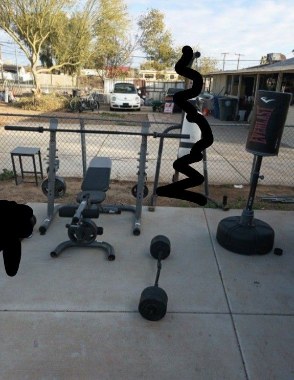 Weight Bench, Curl Bar, Punching Bag Combo Gym